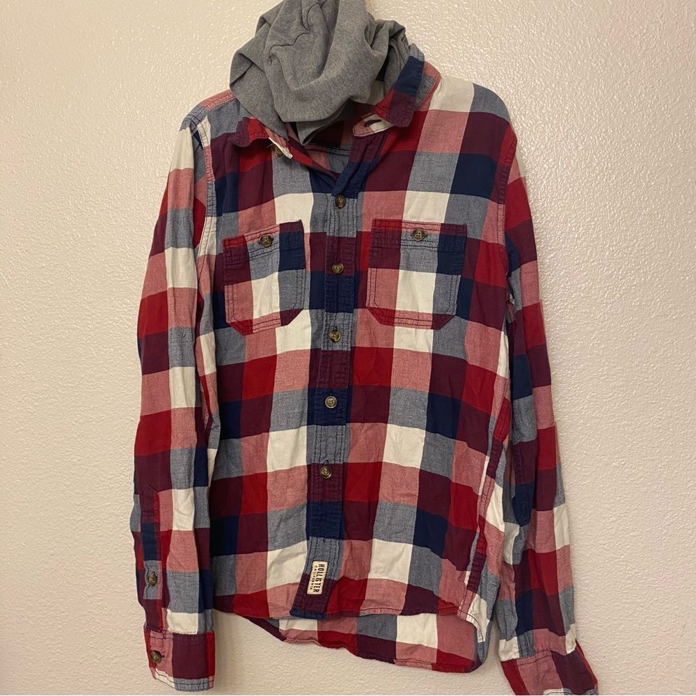 Hollister Men's Red white Blue Plaid Long Sleeve Button Up hoodie 100% cotton S